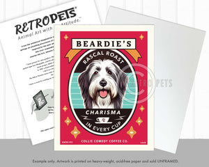 Bearded Collie Art Print | "Beardie's Rascal Roast" | Funny Dog Coffee Wall Art | Kitchen Decor | Bearded Collie Lover Gift