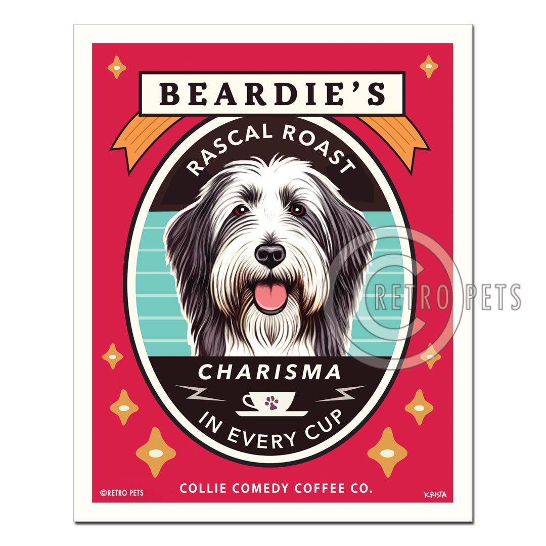 Bearded Collie Art Print | "Beardie's Rascal Roast" | Funny Dog Coffee Wall Art | Kitchen Decor | Bearded Collie Lover Gift