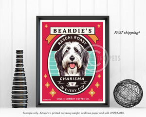 Bearded Collie Art Print | "Beardie's Rascal Roast" | Funny Dog Coffee Wall Art | Kitchen Decor | Bearded Collie Lover Gift