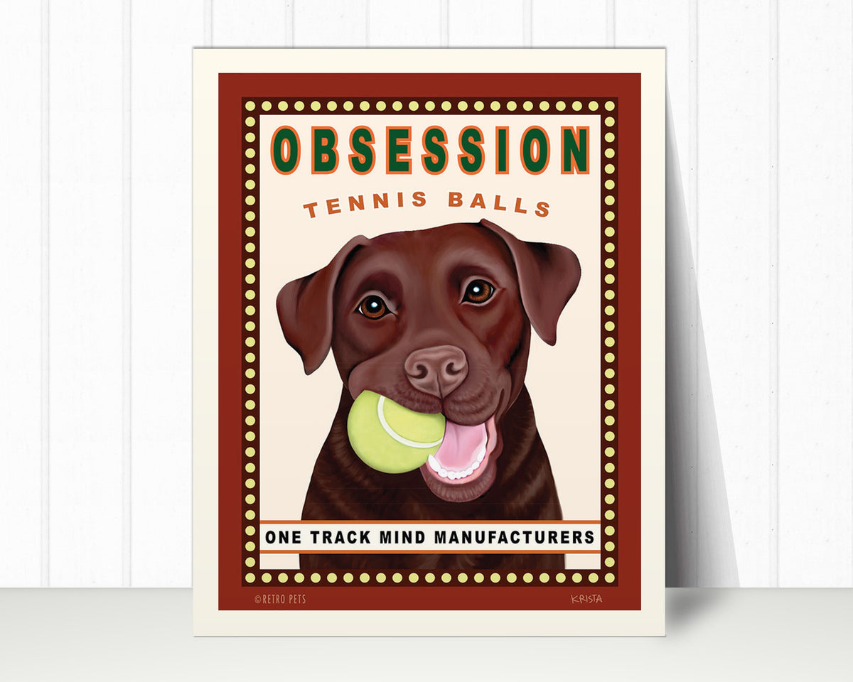 Chocolate Lab Art Print "Obsession Tennis Balls" | Labrador Lover Gift