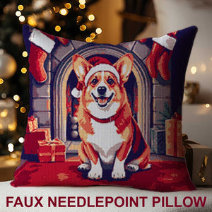 Christmas Corgi by the Fireplace | Faux Needlepoint Pillow