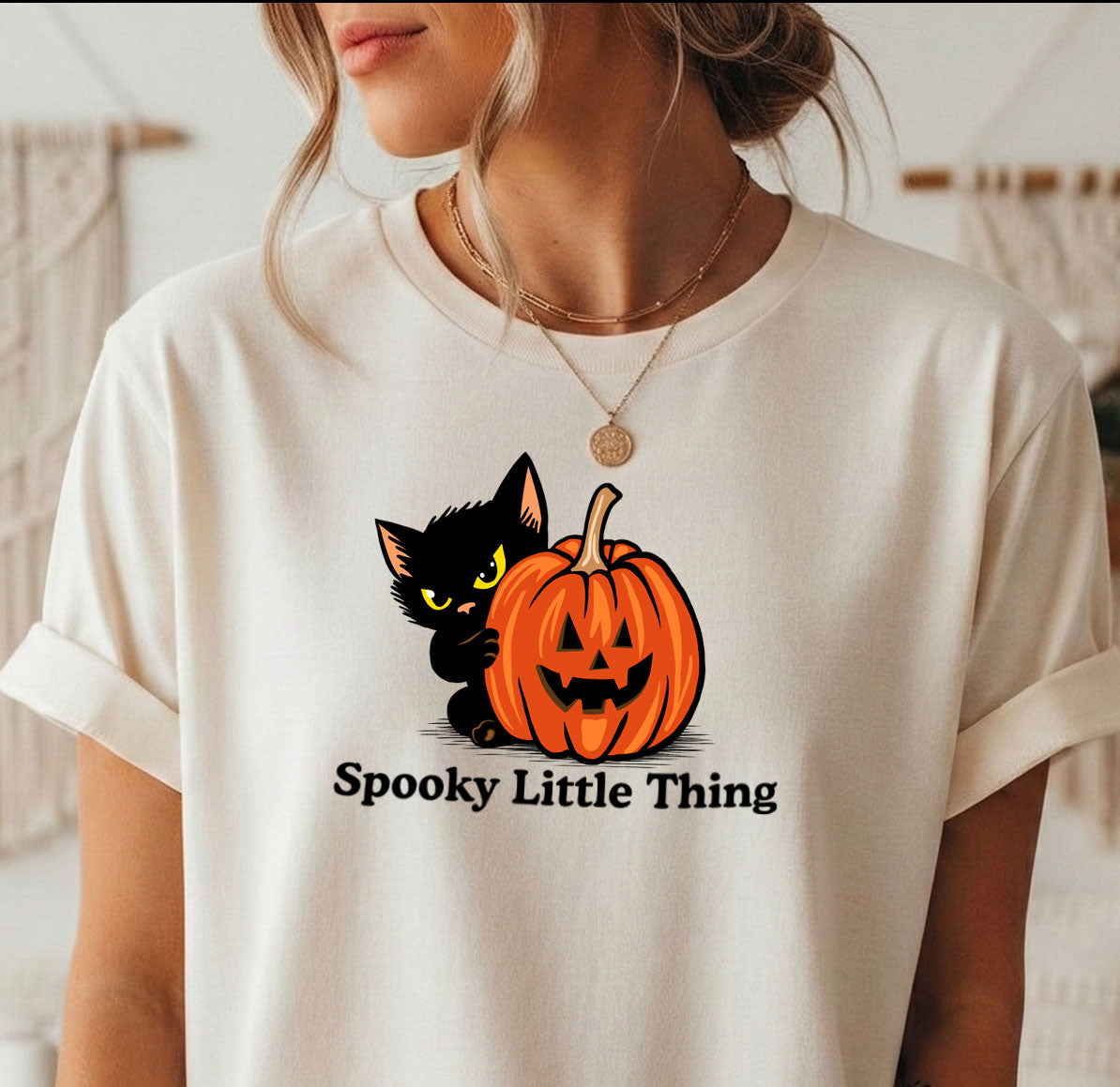 Spooky Little Thing Halloween t-shirt with retro black cat and jack-o'-lantern art by Retro Pets
