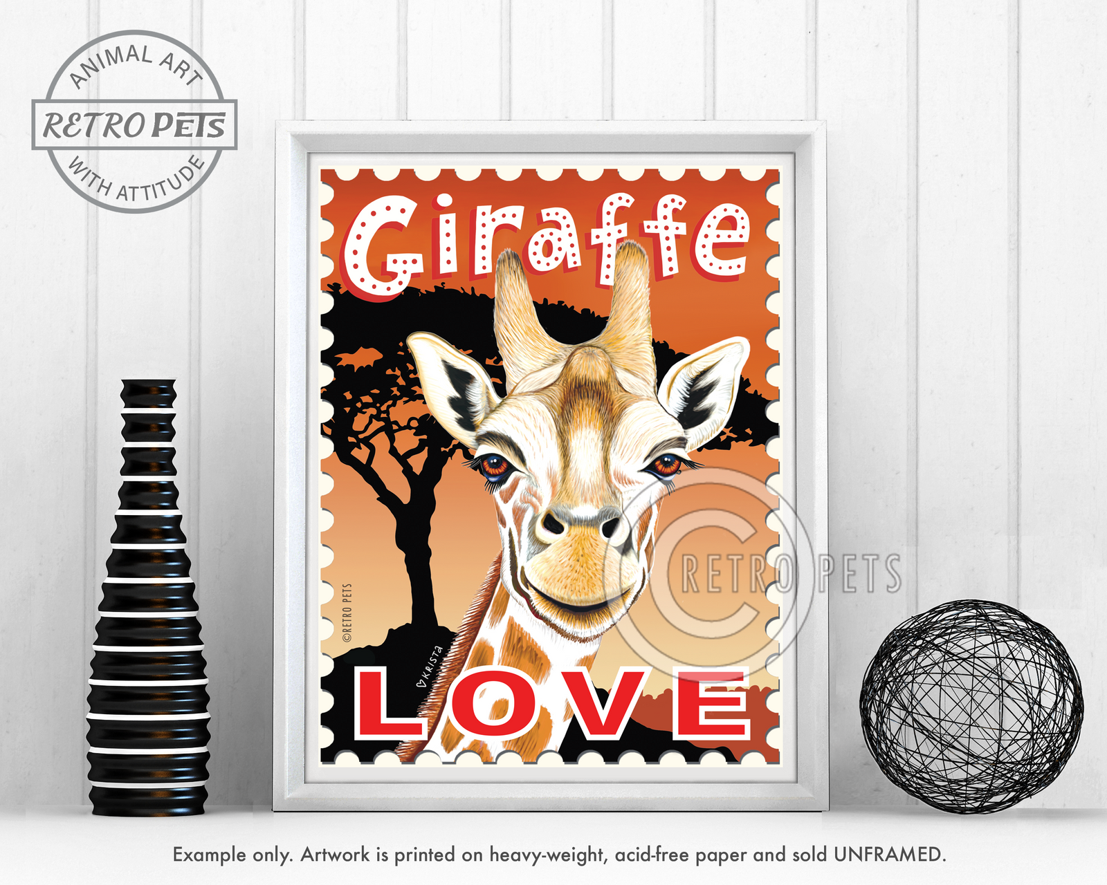 Giraffe Art - 8x10 Faux Postage Stamp Art Print by Krista Brooks