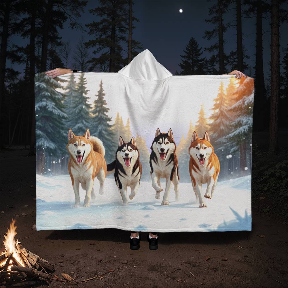 Huskies in the Snow Sherpa Hoodie Blanket | Free Shipping for USA!