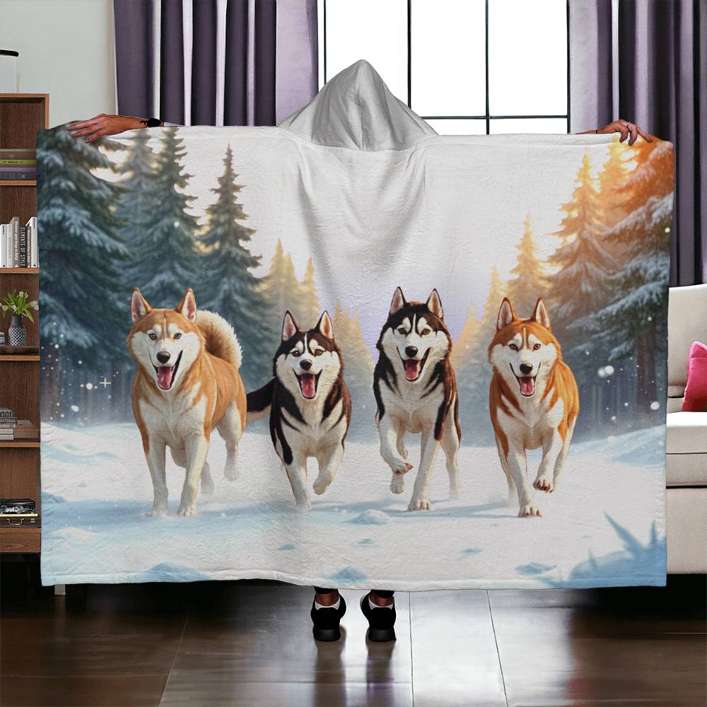 Huskies in the Snow Sherpa Hoodie Blanket | Free Shipping for USA!