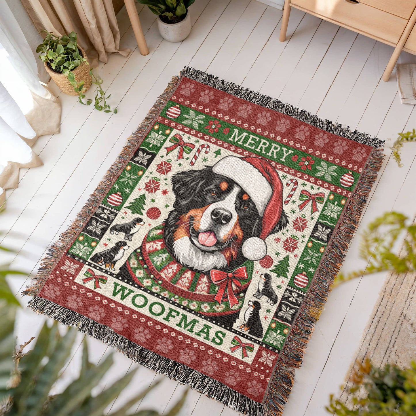 Bernese Mountain Dog "MERRY WOOFMAS" Christmas Blanket | Made in the USA!