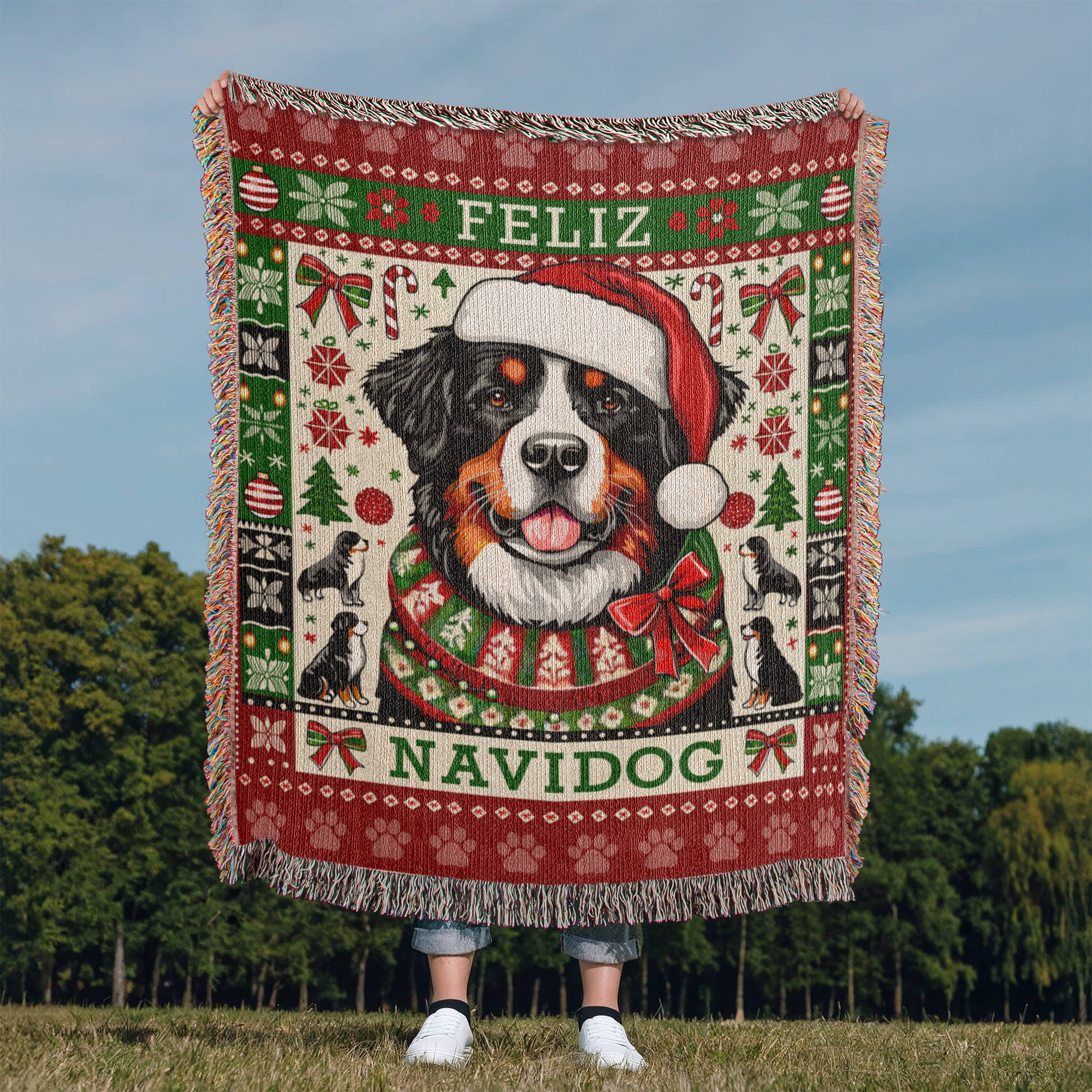 Bernese Mountain Dog "FELIZ NAVIDOG" Christmas Blanket | Made in the USA!