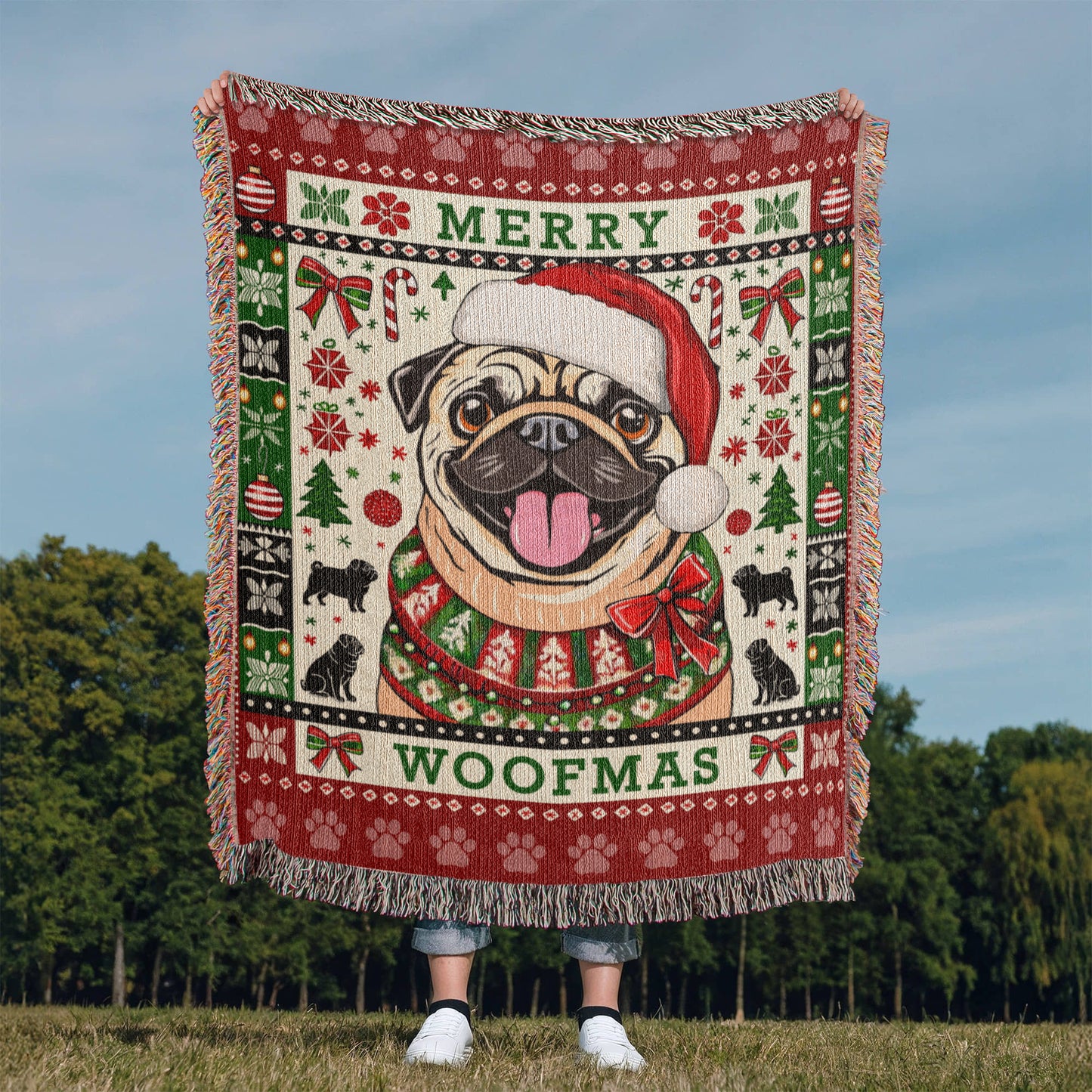 PUG "MERRY WOOFMAS" Heirloom Woven Christmas Blanket | Made in the USA