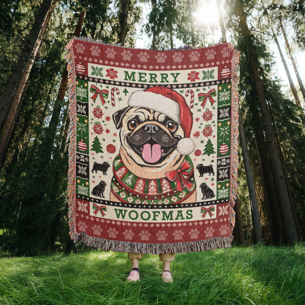 PUG "MERRY WOOFMAS" Heirloom Woven Christmas Blanket | Made in the USA