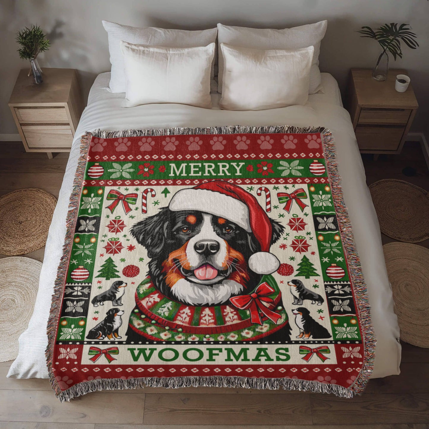 Bernese Mountain Dog "MERRY WOOFMAS" Christmas Blanket | Made in the USA!