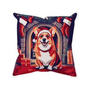 Christmas Corgi by the Fireplace | Faux Needlepoint Pillow