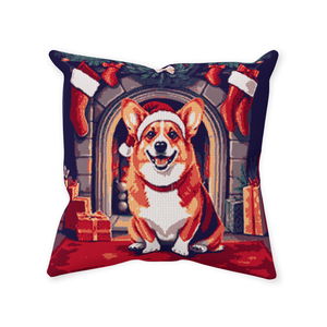 Christmas Corgi by the Fireplace | Faux Needlepoint Pillow