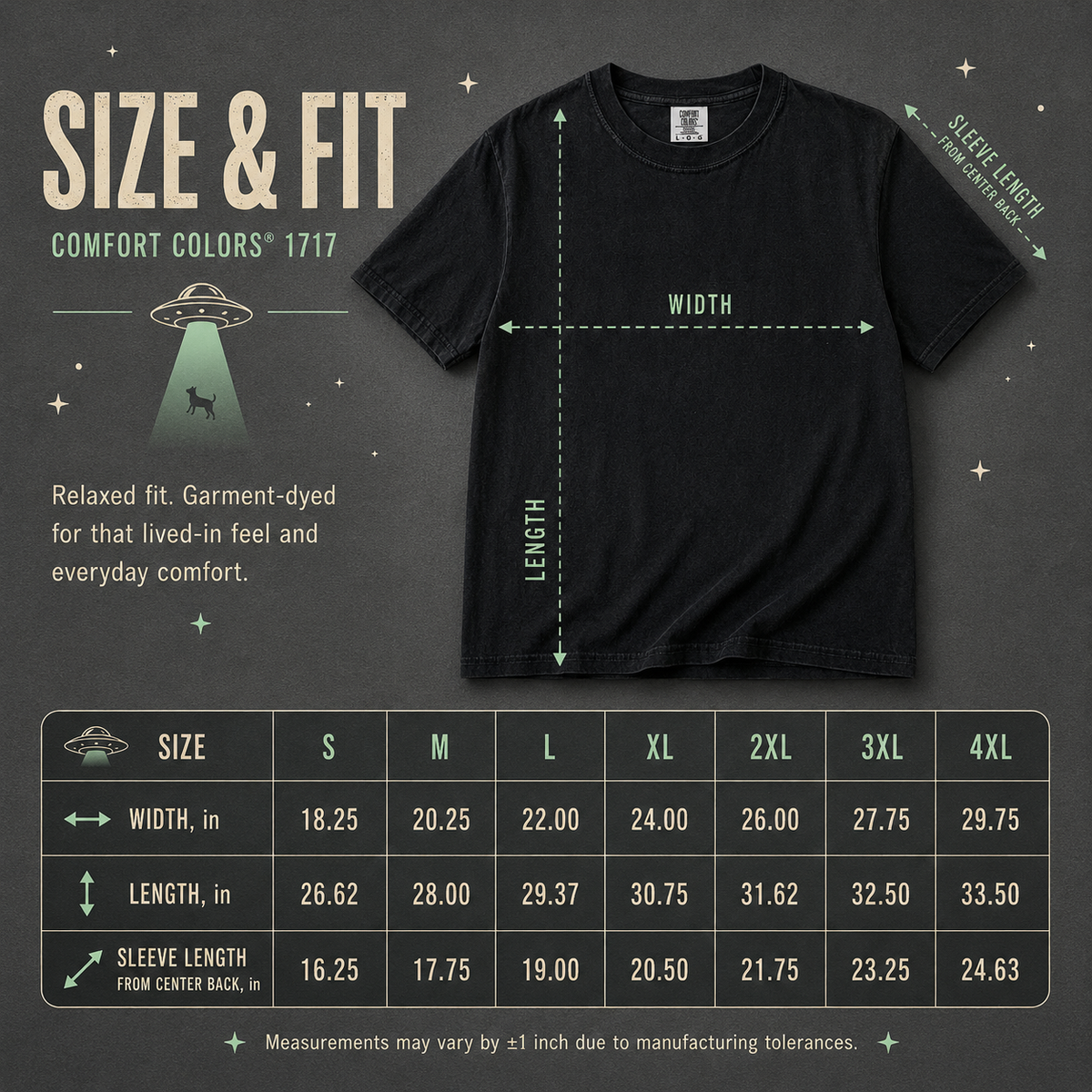 Comfort Colors unisex t-shirt size chart, S through 4XL