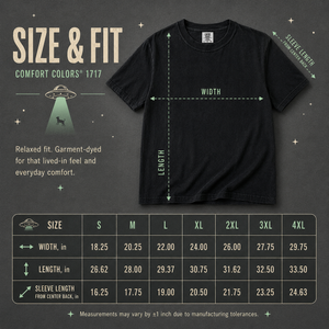 Comfort Colors unisex t-shirt size chart, S through 4XL