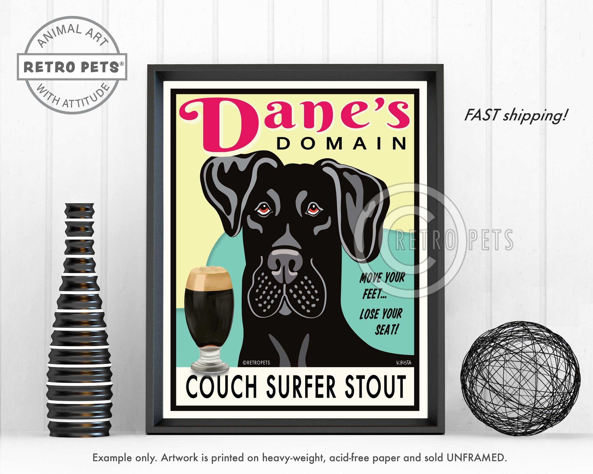 Great Dane Art "Dane's Domain - Couch Surfer Stout" Black Dane - Art Print by Krista Brooks