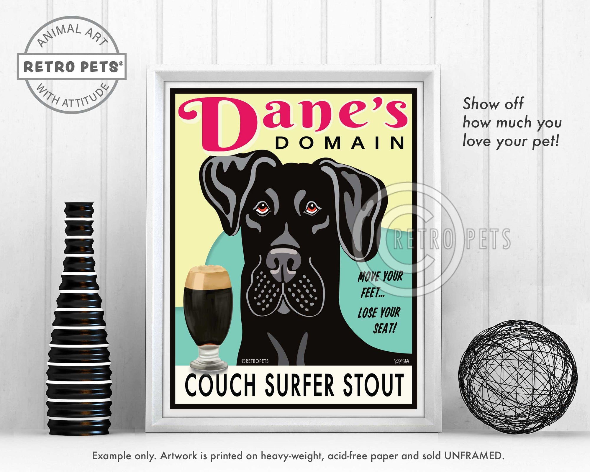 Great Dane Art "Dane's Domain - Couch Surfer Stout" Black Dane - Art Print by Krista Brooks