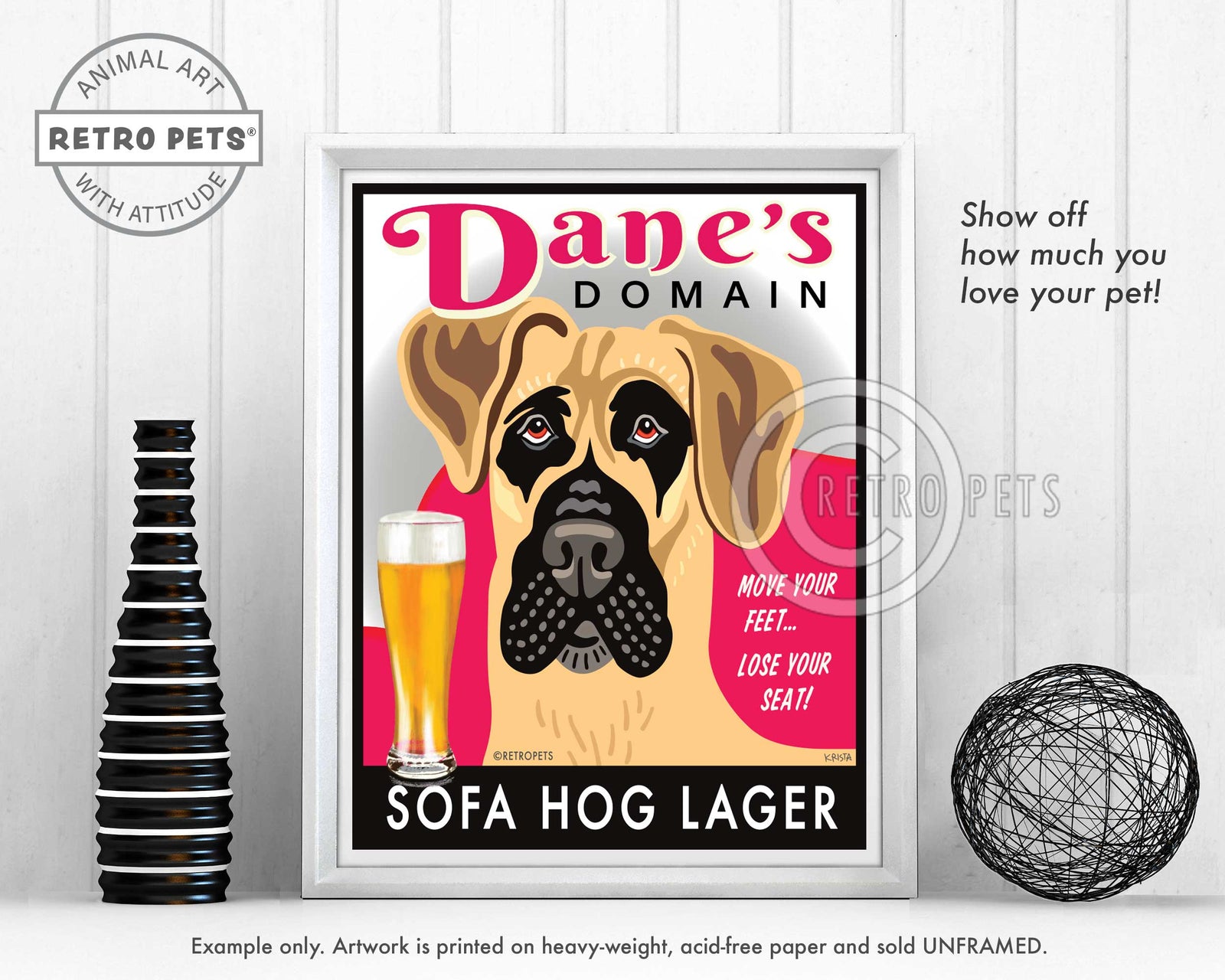 Great Dane Art "Dane's Domain - Sofa Hog Lager" Art Print by Krista Brooks
