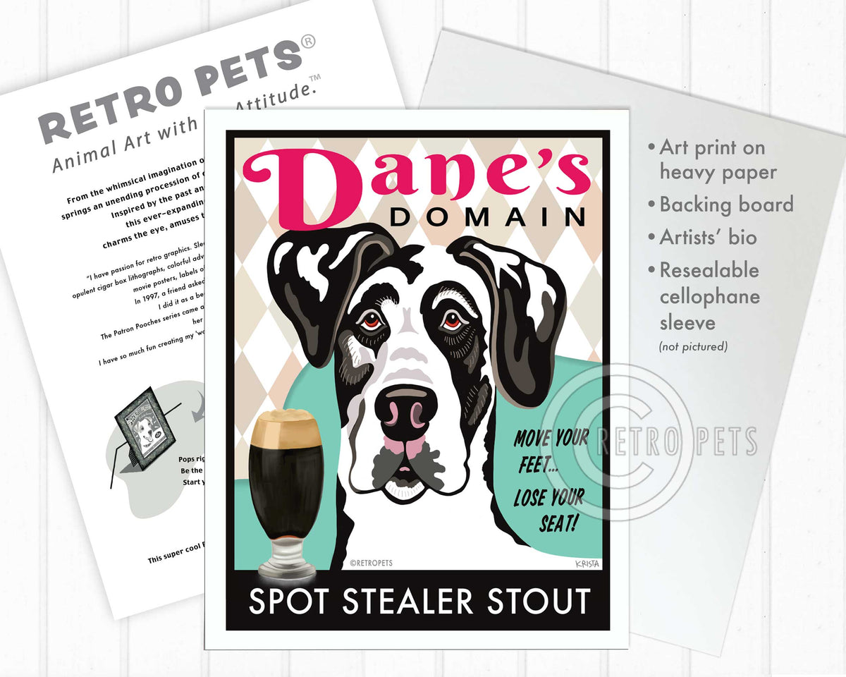 Harlequin Great Dane Art "Dane's Domain - Spot Stealer Stout" Art Print by Krista Brooks