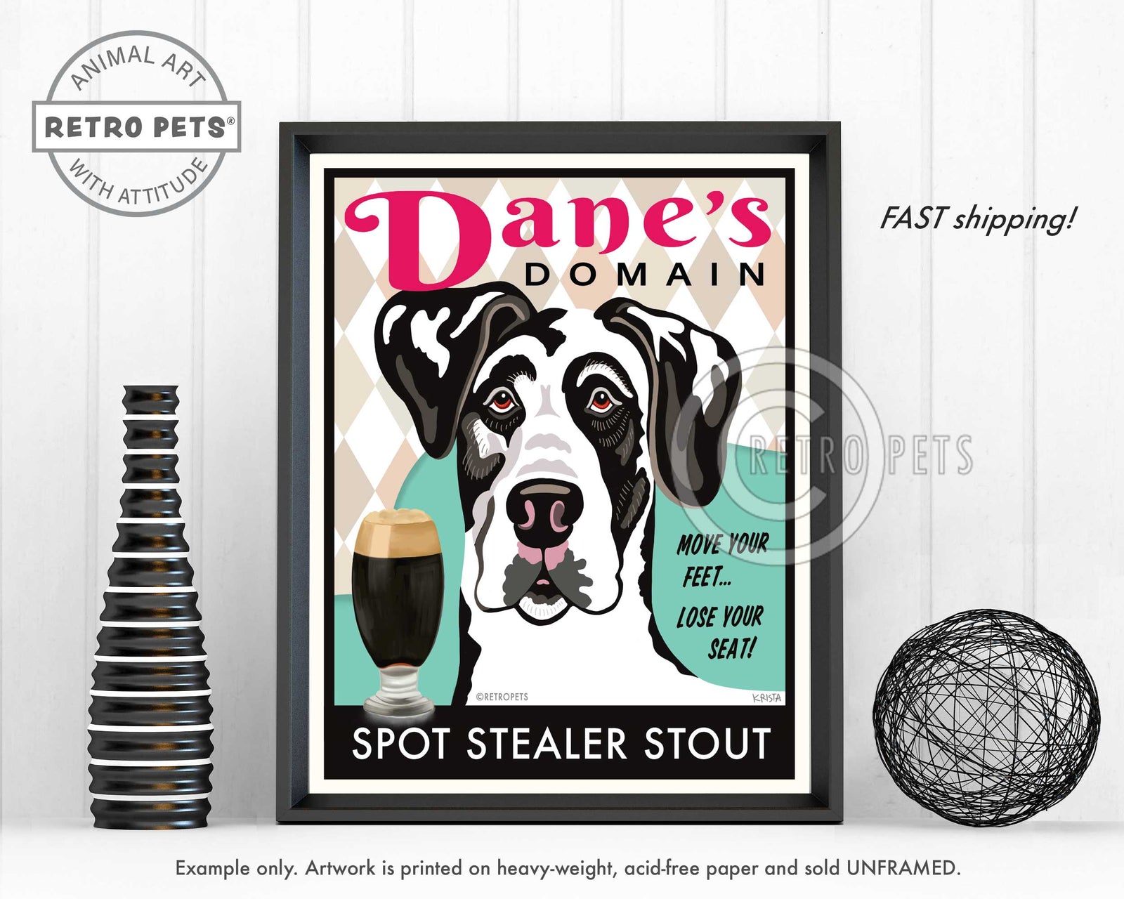 Harlequin Great Dane Art "Dane's Domain - Spot Stealer Stout" Art Print by Krista Brooks