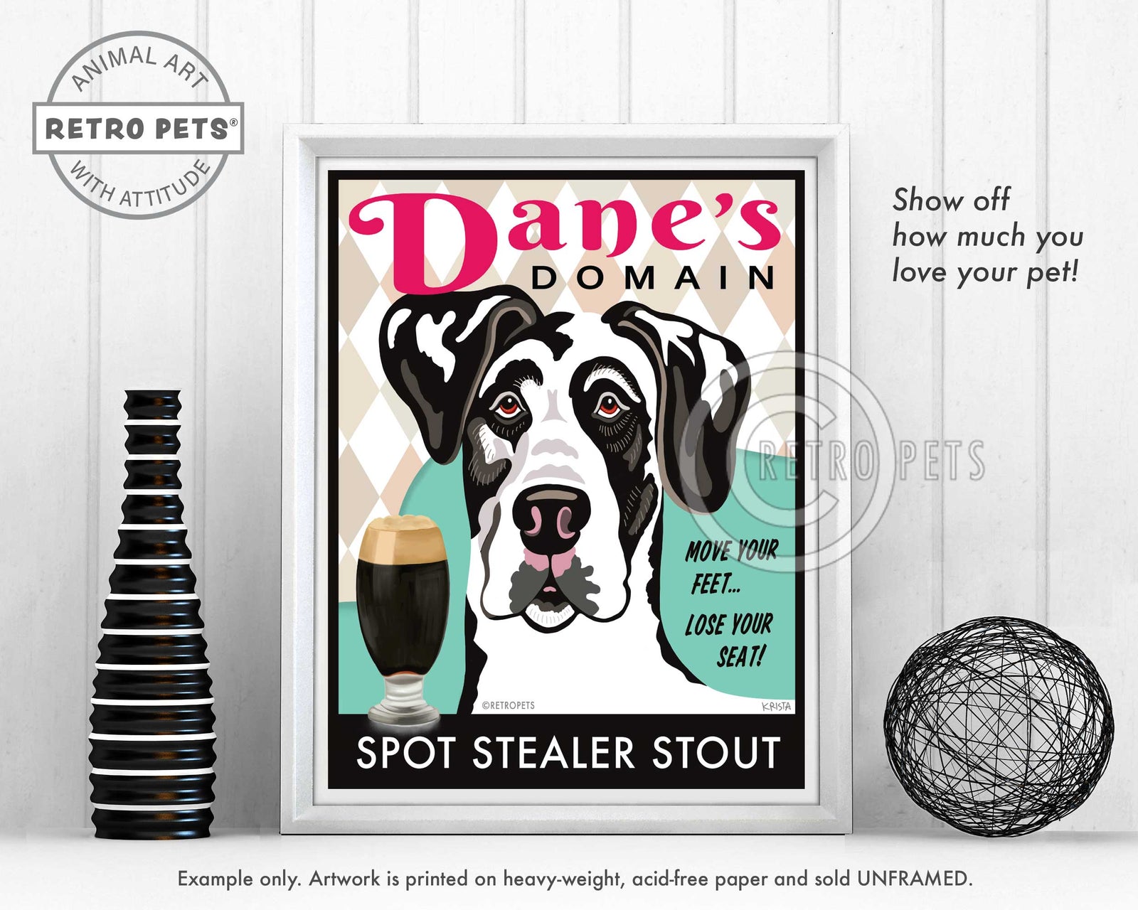 Harlequin Great Dane Art "Dane's Domain - Spot Stealer Stout" Art Print by Krista Brooks