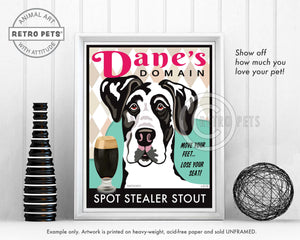 Harlequin Great Dane Art "Dane's Domain - Spot Stealer Stout" Art Print by Krista Brooks