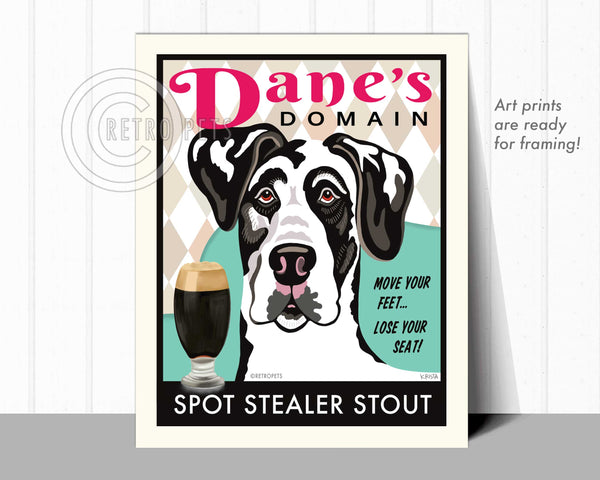 Harlequin Great Dane Art "Dane's Domain - Spot Stealer Stout" Art Print by Krista Brooks