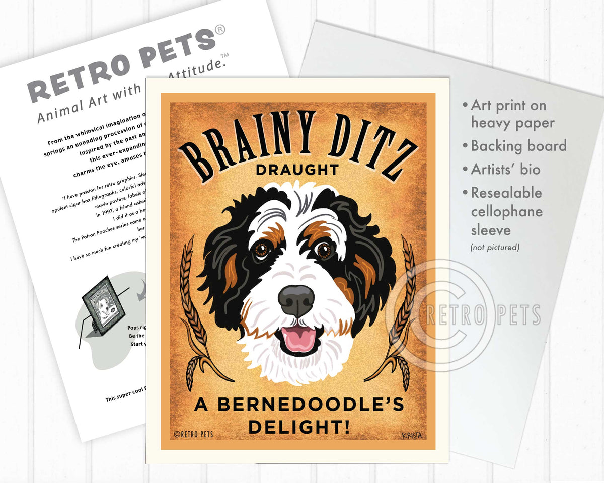 Bernedoodle Art "Brainy Ditz Draught" Art Print by Krista Brooks