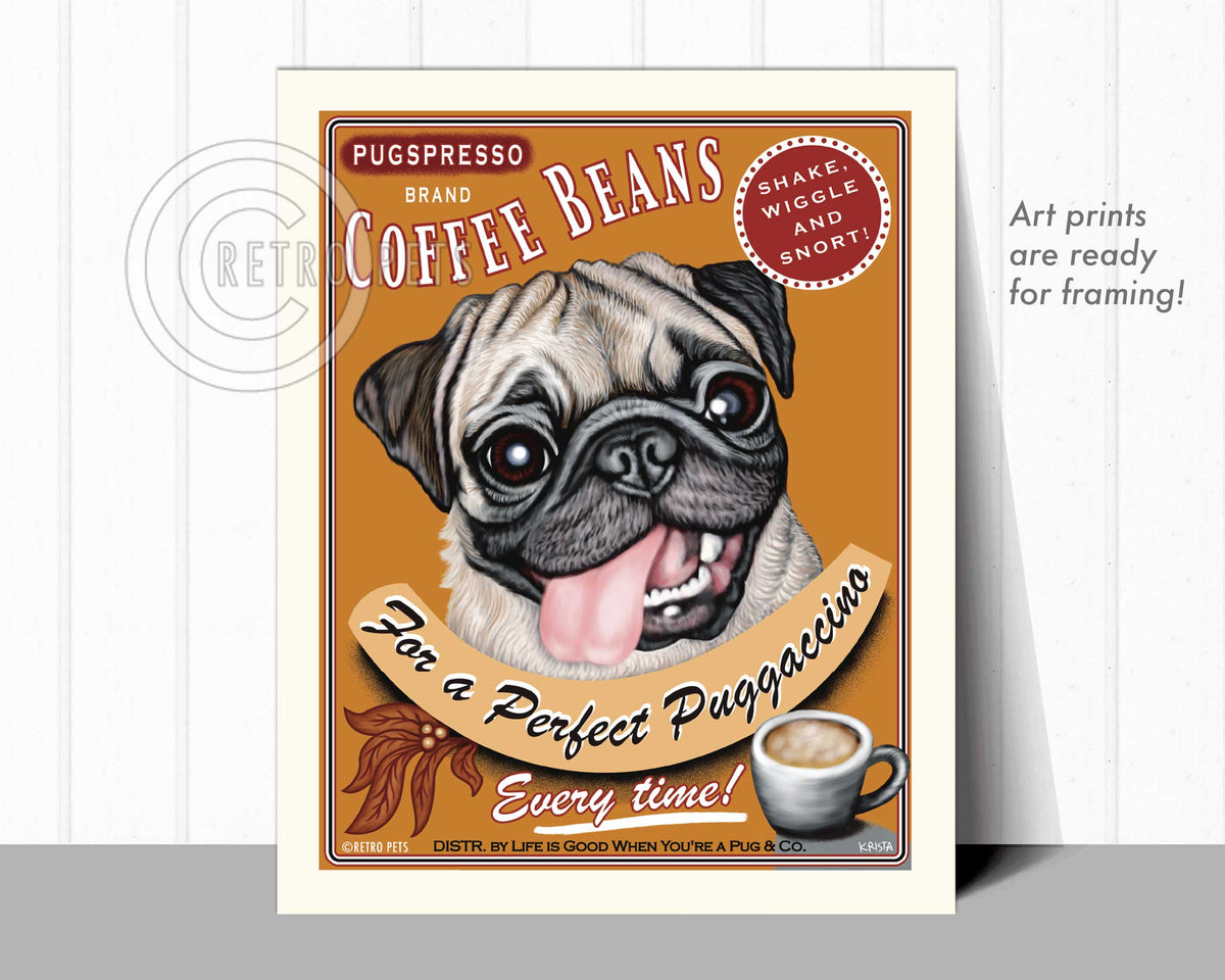 Puggaccino Pug Art | Puggaccino Pug Print Art | Retro Pets Art