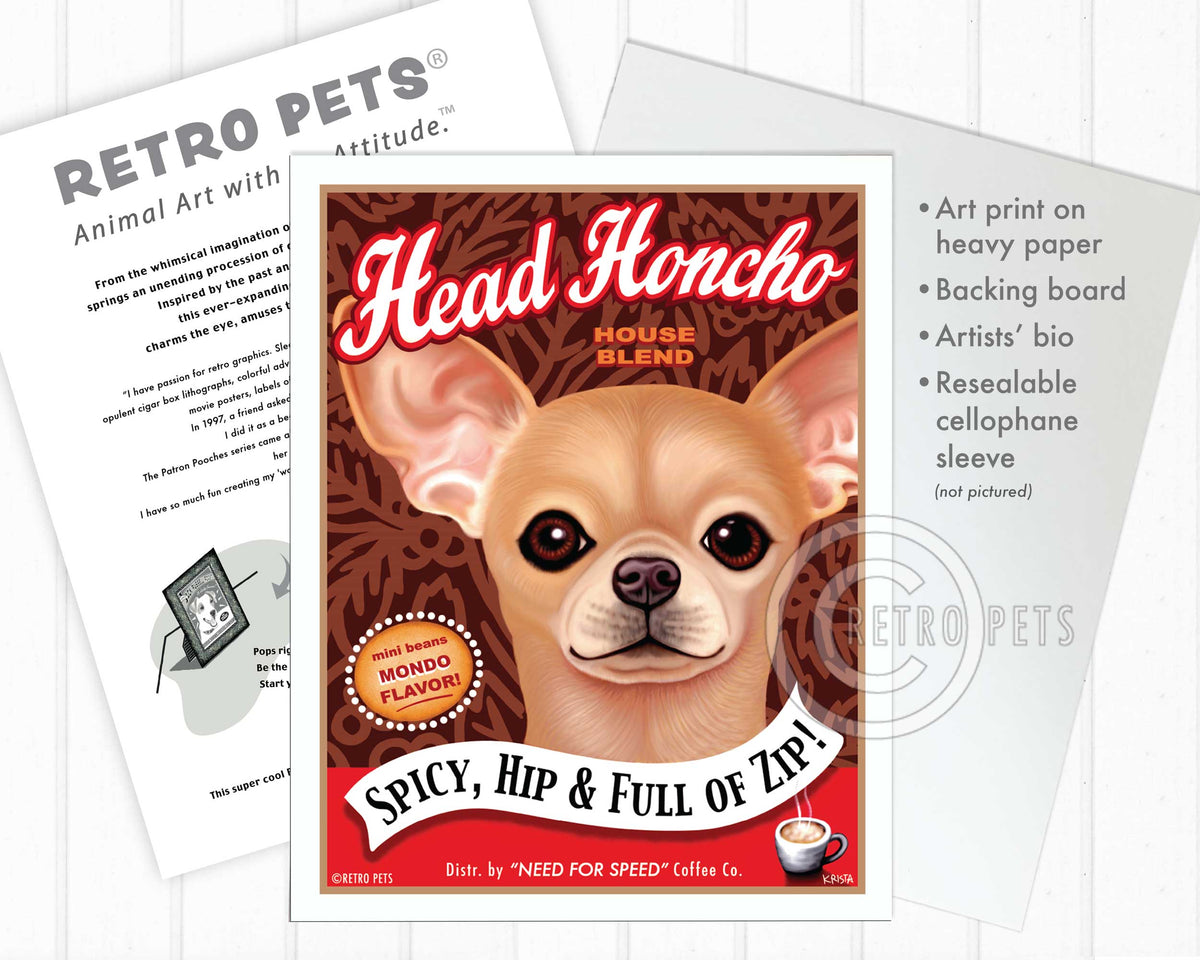 Head Honcho Coffee Art | Head Coffee Chihuahua Art | Retro Pets Art