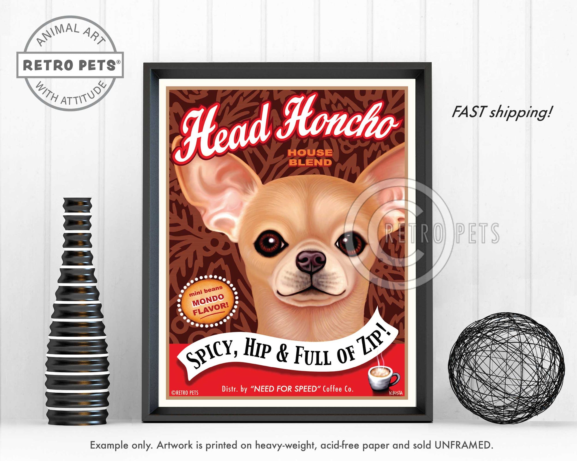 Head Honcho Coffee Art | Head Coffee Chihuahua Art | Retro Pets Art