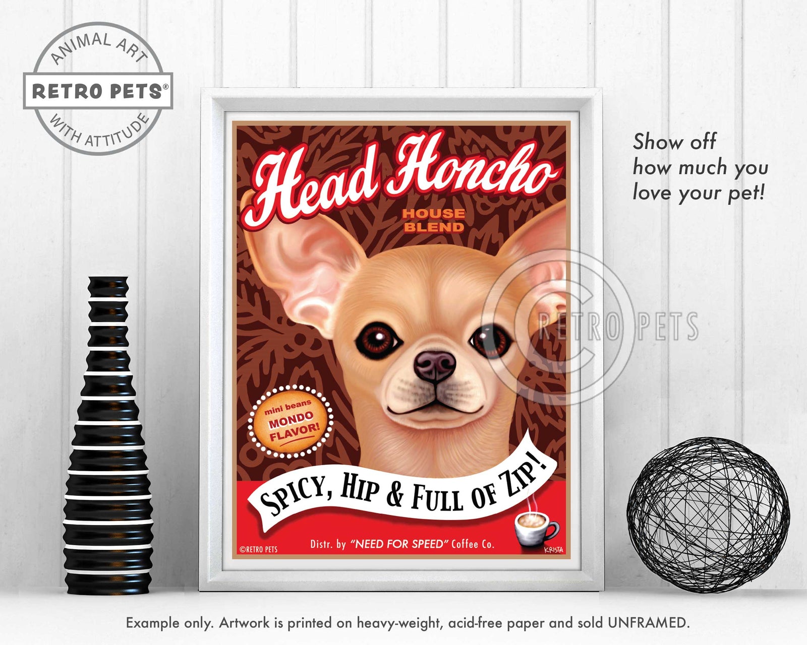 Head Honcho Coffee Art | Head Coffee Chihuahua Art | Retro Pets Art