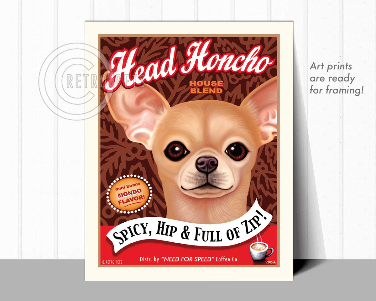 Head Honcho Coffee Art | Head Coffee Chihuahua Art | Retro Pets Art