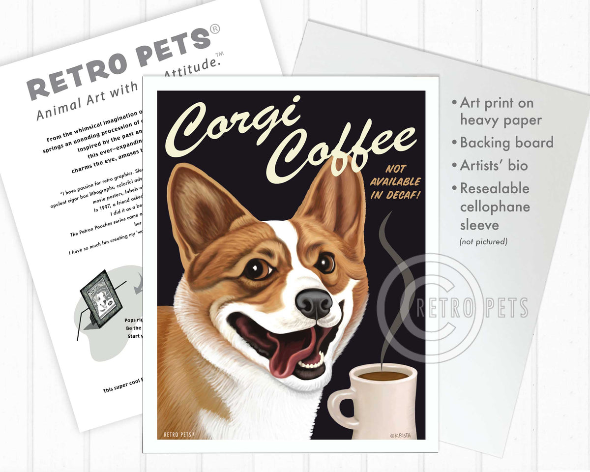 Corgi Coffee Corgi Art | Corgi Coffee Framed Art | Retro Pets Art