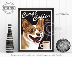 Corgi Coffee Corgi Art | Corgi Coffee Framed Art | Retro Pets Art