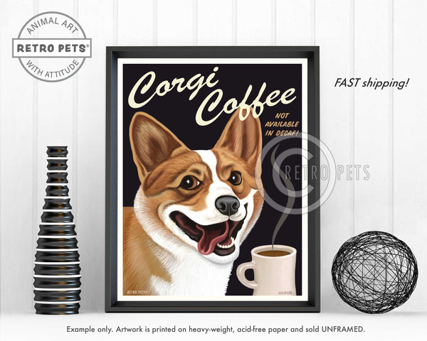 Corgi Coffee Corgi Art | Corgi Coffee Framed Art | Retro Pets Art
