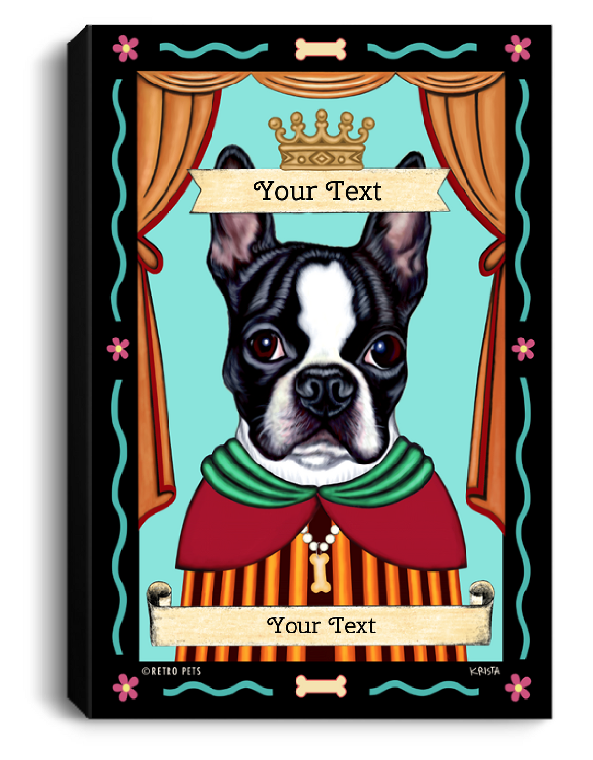 Boston Terrier art, customized boston terrier, b/w boston terrier, retro pets, works of ARF, work of arf, boston terrier picture, boston art, personalized boston terrier art print canvas