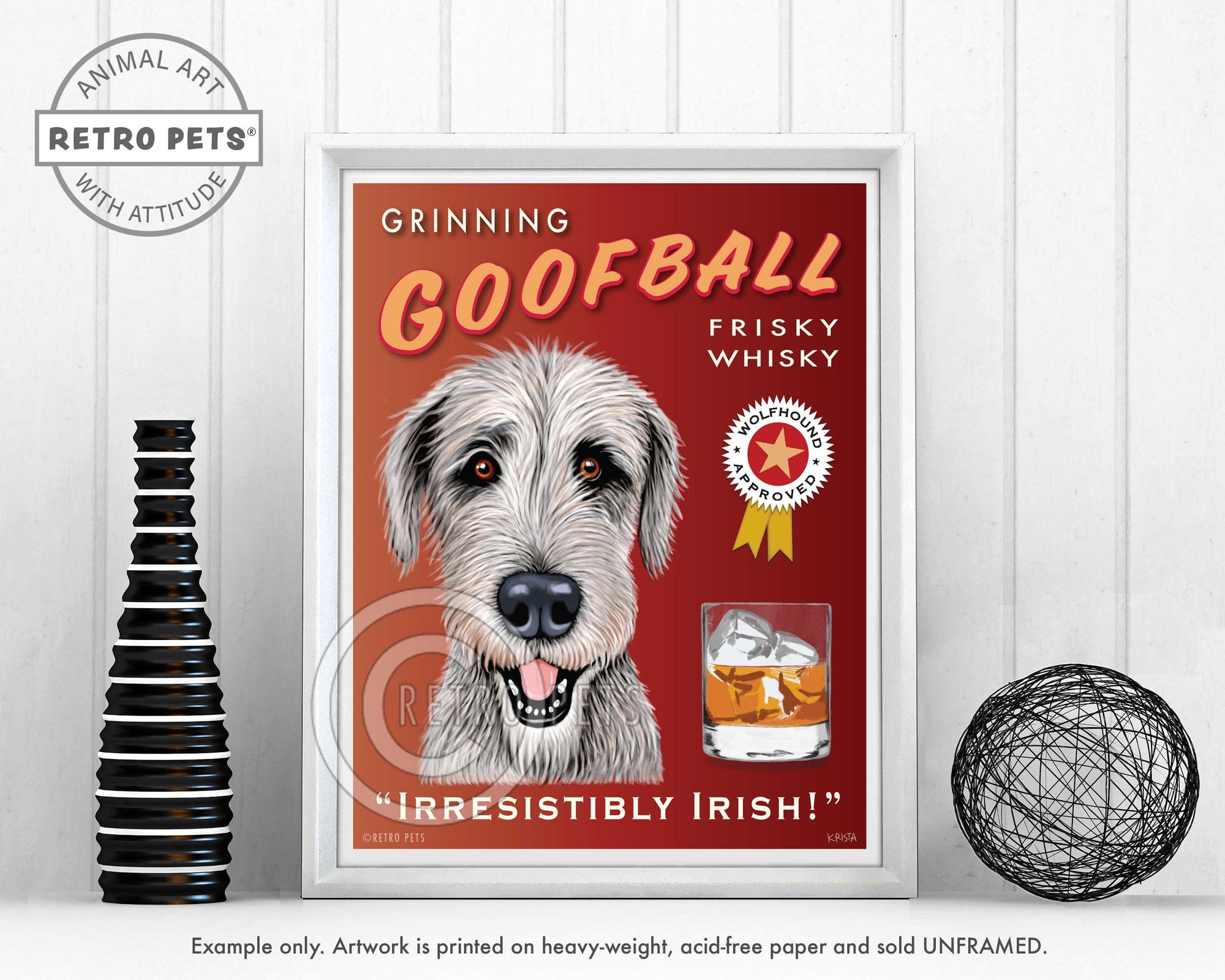 Irish Wolfhound Art "Grinning Goofball Frisky Whisky" Art Print by Krista Brooks