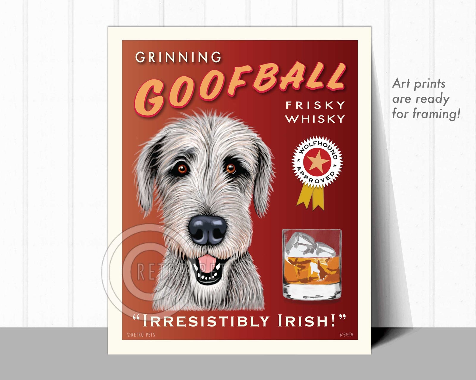 Irish Wolfhound Art "Grinning Goofball Frisky Whisky" Art Print by Krista Brooks