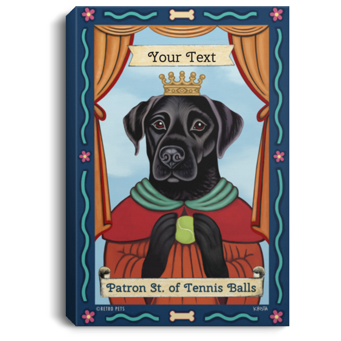 Fun lab art, personalized lab art, labrador retriever art, Black lab art, black lab canvas, retro pets, retropets, patron saint lab