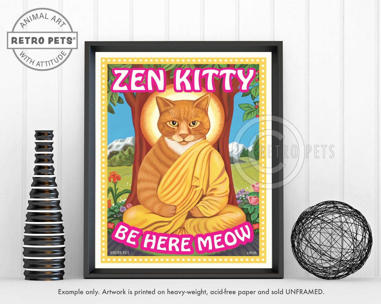 Zen Kitty Cat Art | Zen Kitty Cat Framed Art | Retro Pets Art