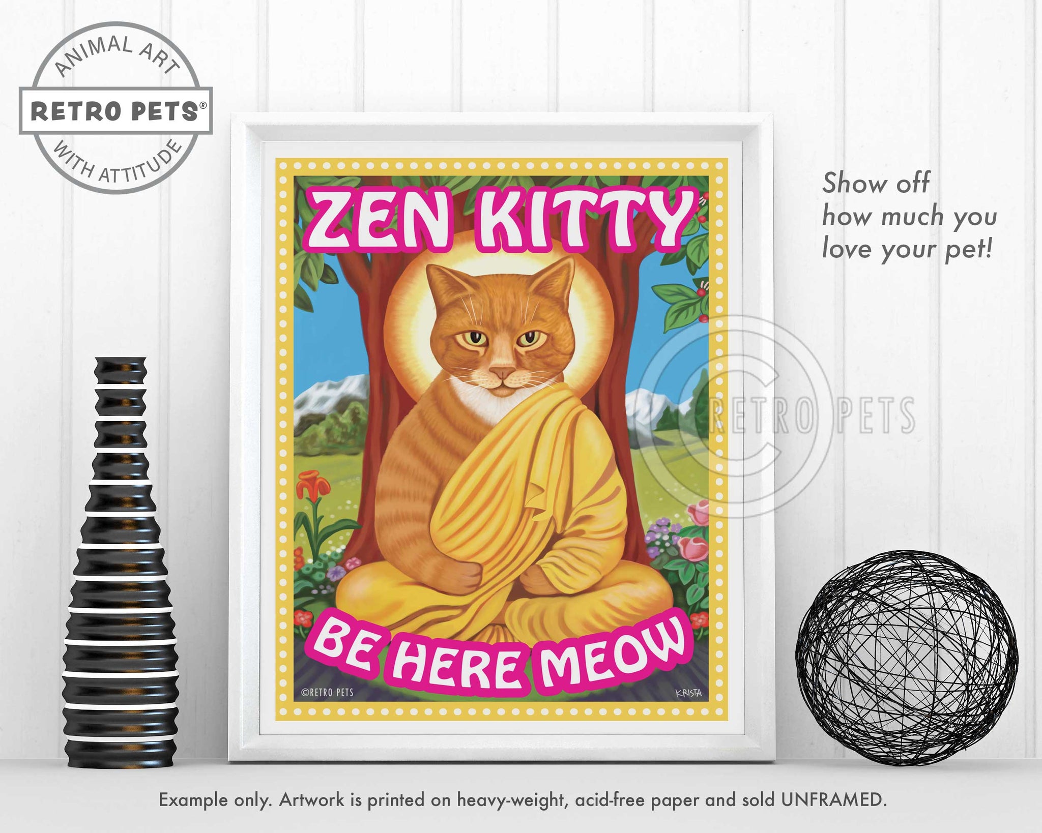Zen Kitty Cat Art | Zen Kitty Cat Framed Art | Retro Pets Art