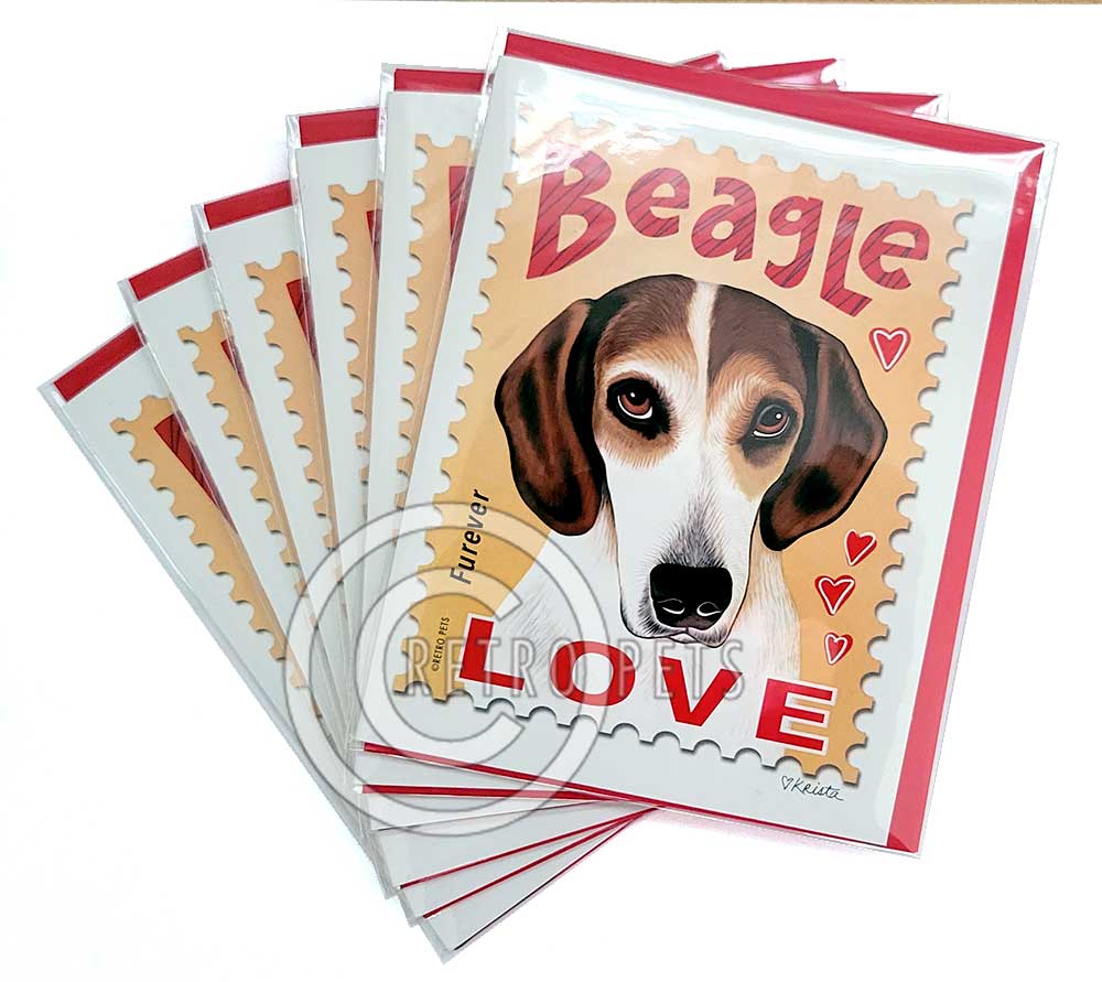 Beagle Art LOVE Stamp 6 Small Greeting Cards | Retro Pets