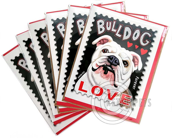 Bulldog Art, Faux LOVE Stamp, 6 Small Greeting Cards | Retro Pets