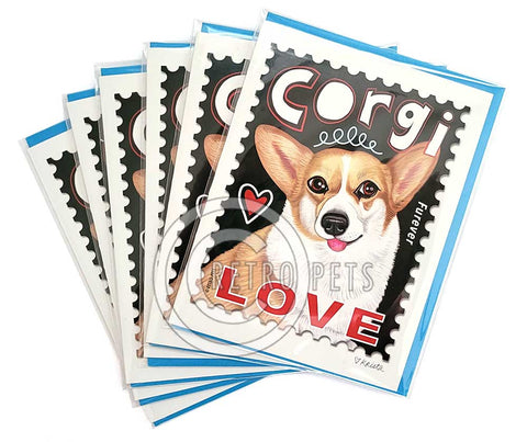 Corgi Art LOVE Stamp, Pembroke Welsh Corgi Art, 6 Small Greeting Cards | Retro Pets