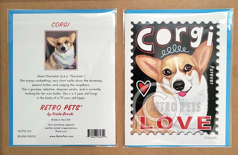 Corgi Art LOVE Stamp, Pembroke Welsh Corgi Art, 6 Small Greeting Cards | Retro Pets