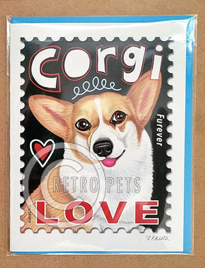 Corgi Art LOVE Stamp, Pembroke Welsh Corgi Art, 6 Small Greeting Cards | Retro Pets