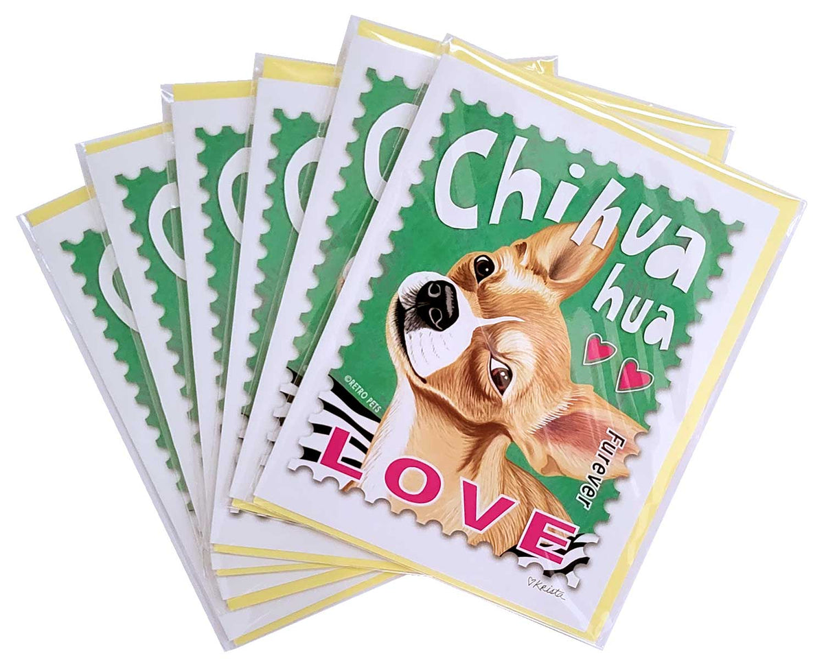 Chihuahua Art "Chihuahua LOVE Stamp" 6 Small Greeting Cards | Retro Pets