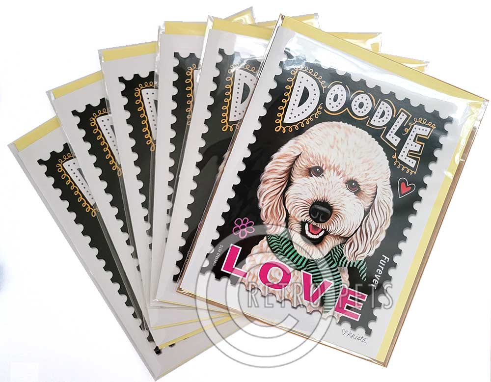Doodle Art, Goldendoodle Art, Faux LOVE Stamp, 6 Small Greeting Cards | Retro Pets