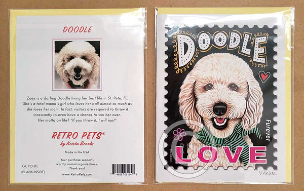Doodle Art, Goldendoodle Art, Faux LOVE Stamp, 6 Small Greeting Cards | Retro Pets