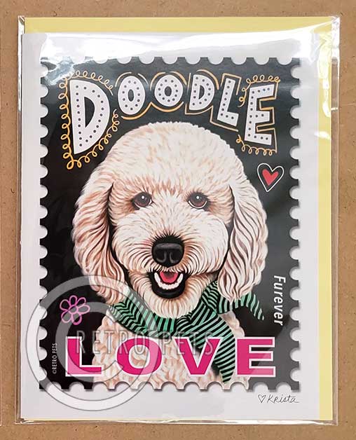 Doodle Art, Goldendoodle Art, Faux LOVE Stamp, 6 Small Greeting Cards | Retro Pets
